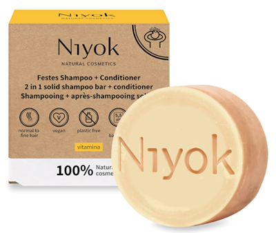 Niyok Natural Cosmetics 2-in-1 Solid Shampoo + Conditioner Bar, Vitamin A Scent, 80g