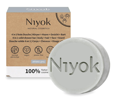 Niyok Natural Cosmetics Solid Shower Bar for Body + Hair + Face + Beard, Athletic Grey Scent, 80g