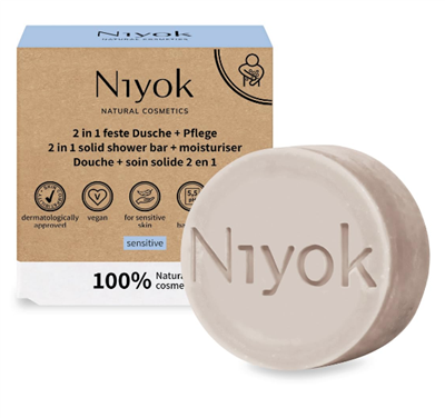 Niyok Natural Cosmetics 2-in-1 Solid Shower Bar + Moisturizer, Sensitive Formula, 80g