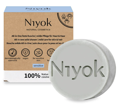 Niyok Natural Cosmetics All-in-One Solid Shower Bar for Skin + Hair, Sensitive Formula, 80g